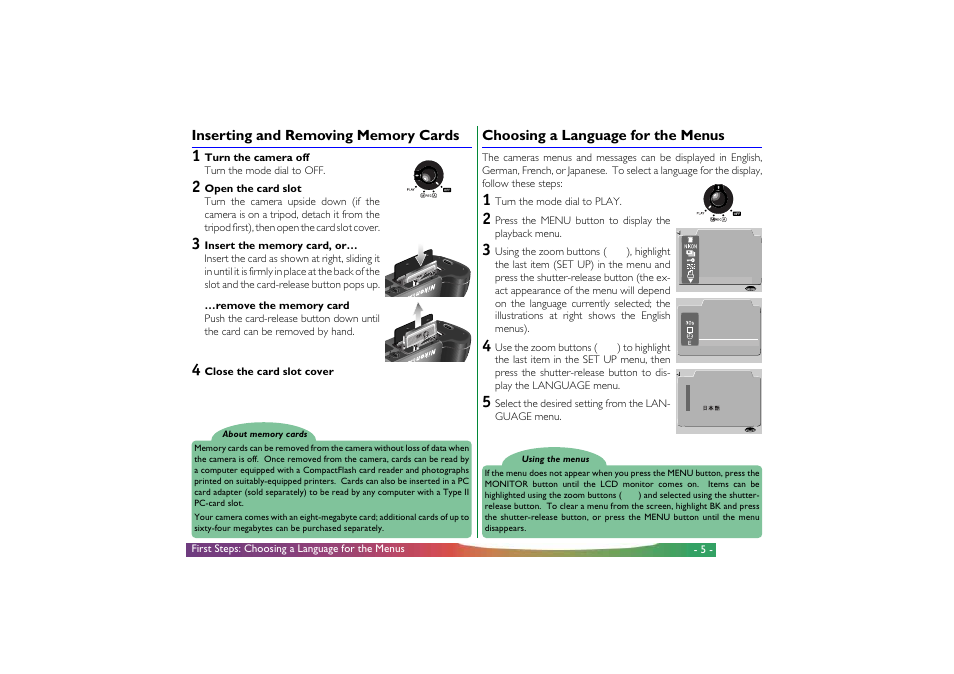 Inserting and removing memory cards, Choosing a language for the menus | Nikon 700 User Manual | Page 5 / 53