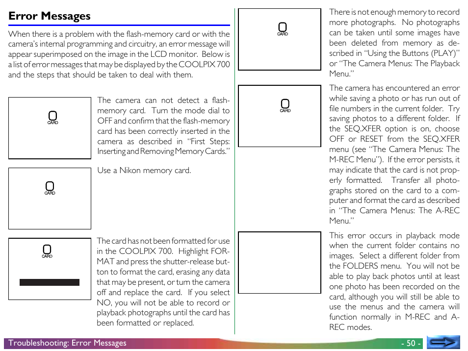 Error messages | Nikon 700 User Manual | Page 50 / 53
