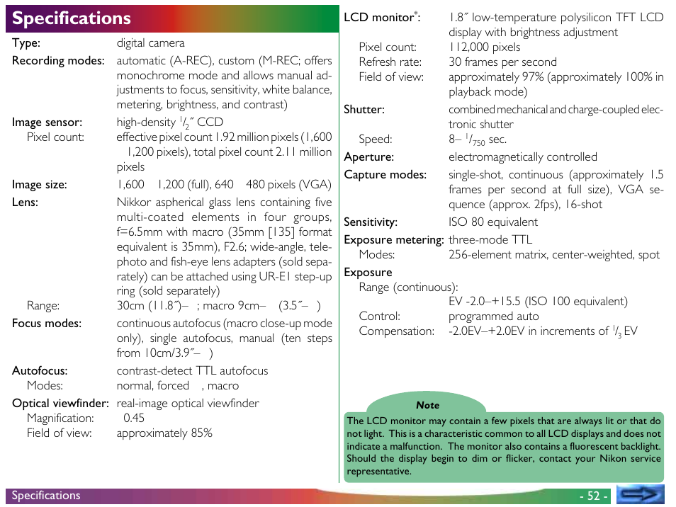 Specifications | Nikon 700 User Manual | Page 52 / 53