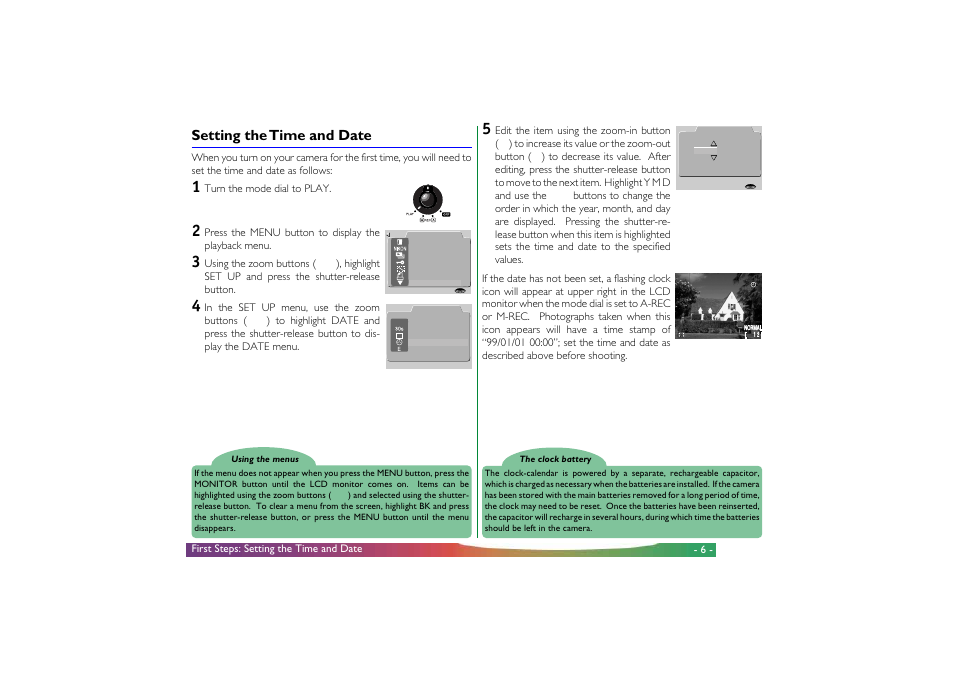 Setting the time and date, First steps: setting the time and date, Turn the mode dial to play | Press the menu button to display the playback menu | Nikon 700 User Manual | Page 6 / 53
