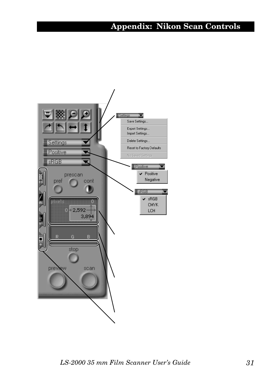 Appendix: nikon scan controls, Menus, tabs, and information displays | Nikon LS-2000 User Manual | Page 41 / 47