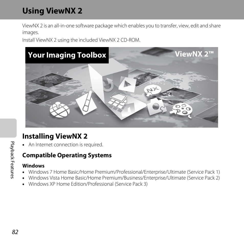 Using viewnx 2, Installing viewnx 2, A 82) | A 82, Your imaging toolbox viewnx 2 | Nikon L610 User Manual | Page 100 / 252