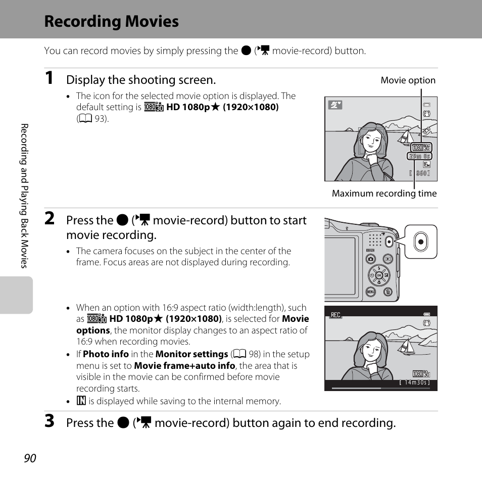 Recording movies, Display the shooting screen | Nikon L610 User Manual | Page 108 / 252