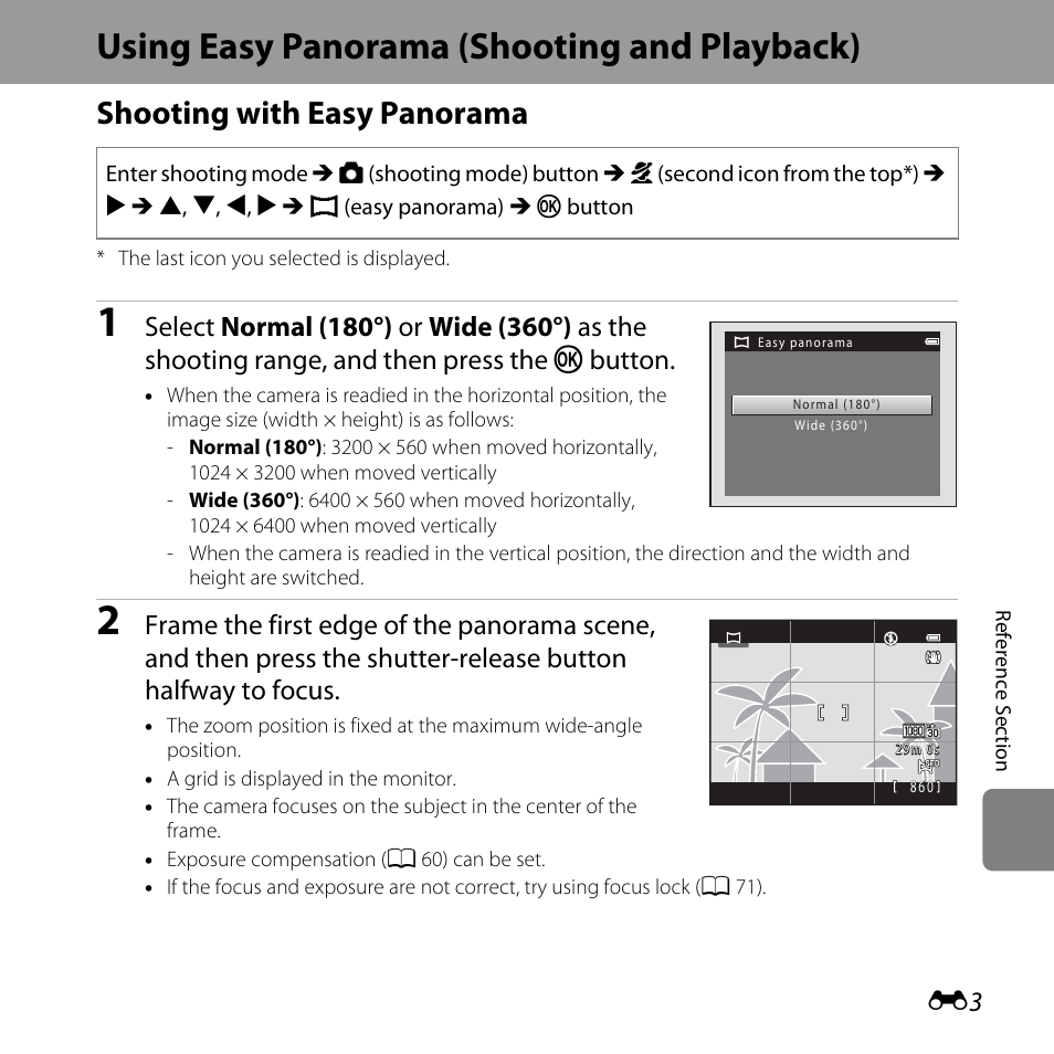 Using easy panorama (shooting and playback), Shooting with easy panorama | Nikon L610 User Manual | Page 121 / 252