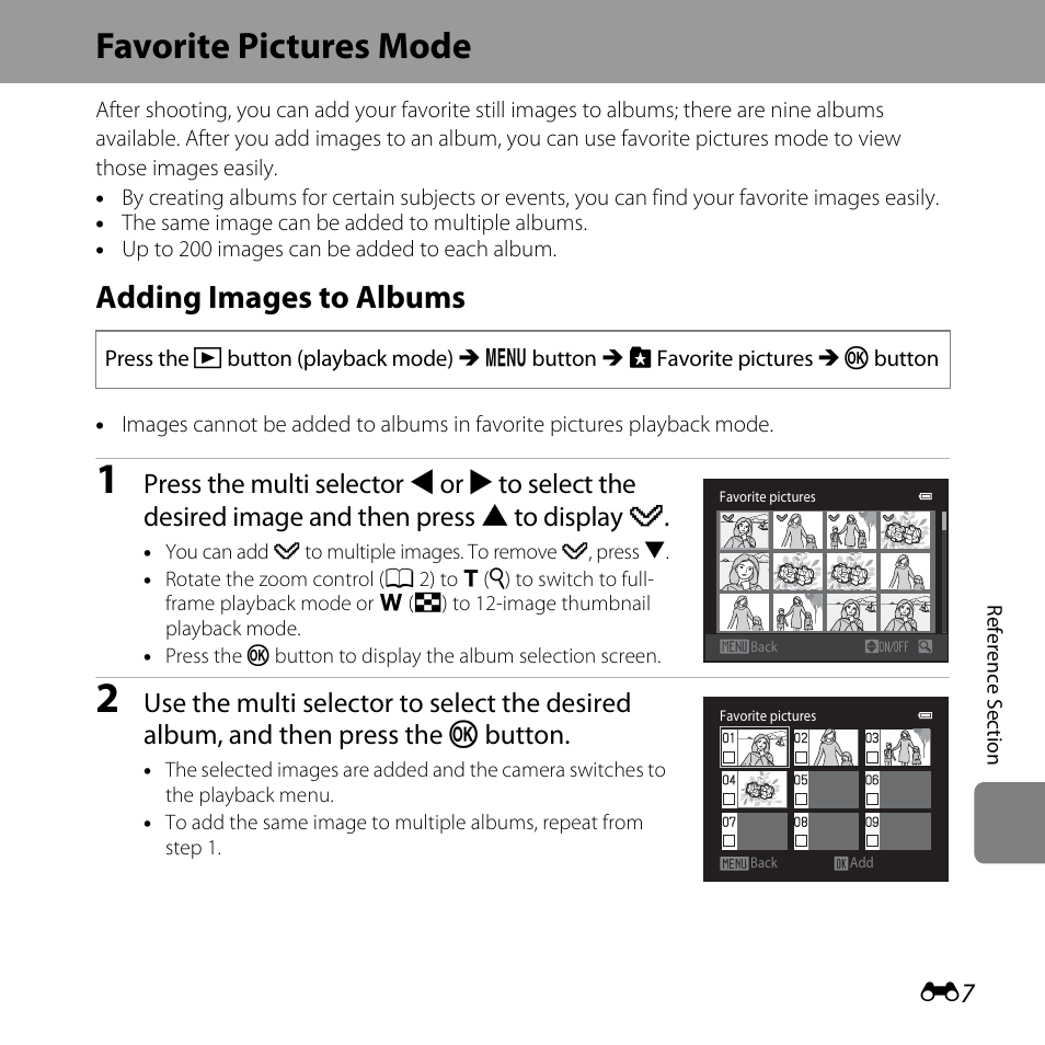 Favorite pictures mode, Adding images to albums | Nikon L610 User Manual | Page 125 / 252