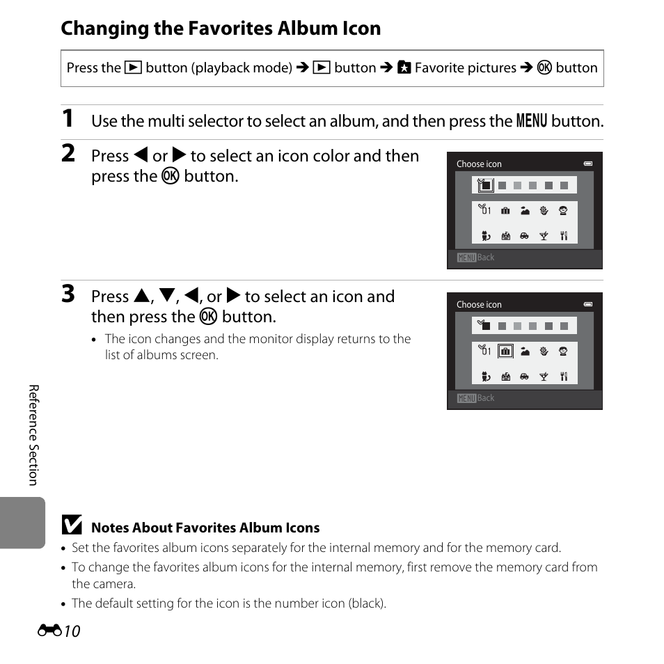 Changing the favorites album icon, E10) | Nikon L610 User Manual | Page 128 / 252