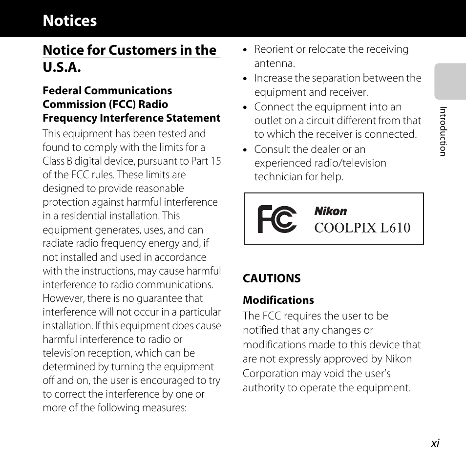 Notices, Notice for customers in the u.s.a | Nikon L610 User Manual | Page 13 / 252