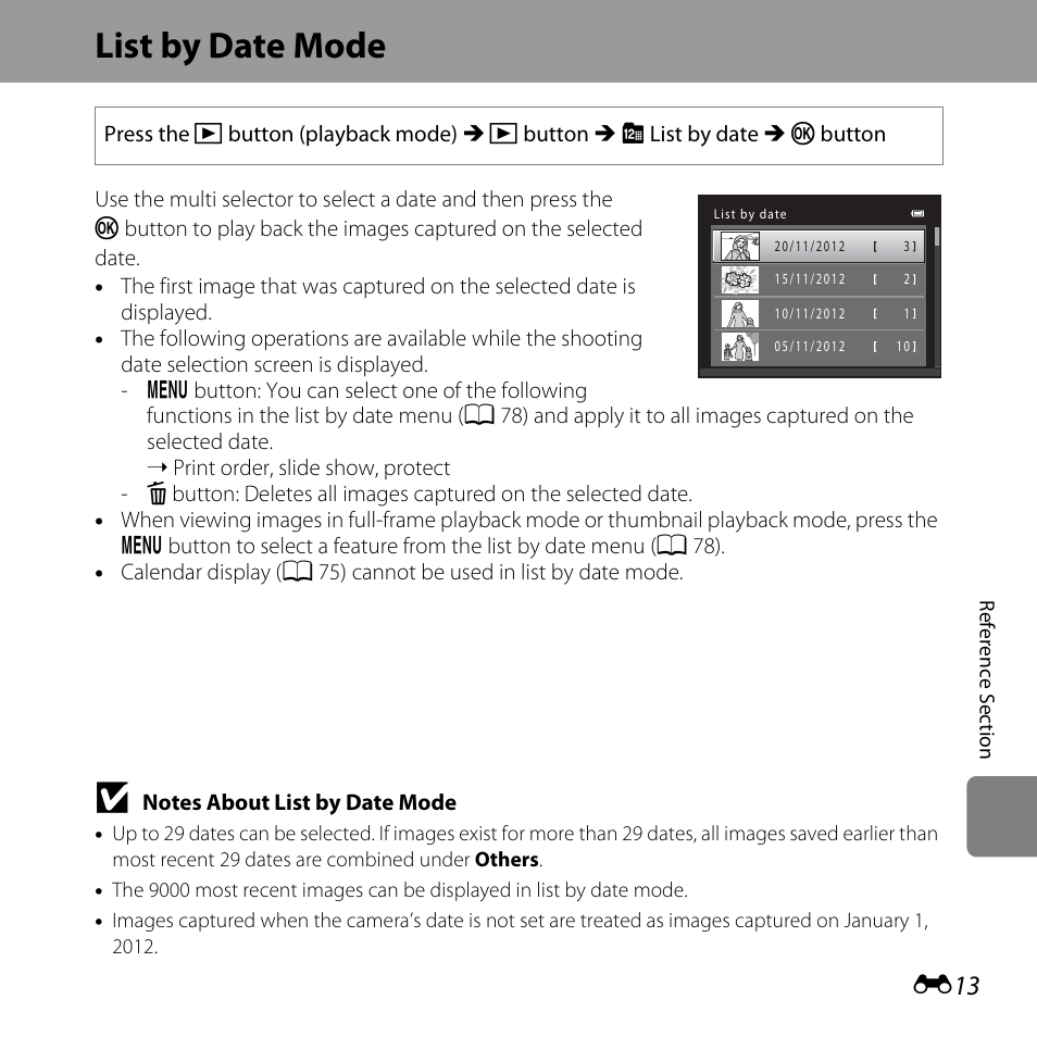 List by date mode, E13) | Nikon L610 User Manual | Page 131 / 252