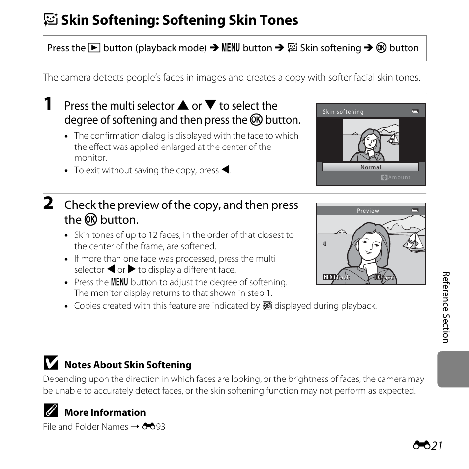 Skin softening: softening skin tones, E skin softening: softening skin tones, E21) | Nikon L610 User Manual | Page 139 / 252