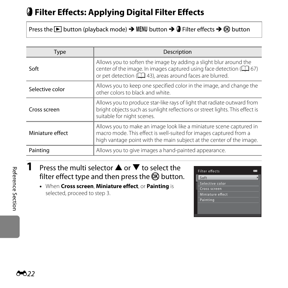 Filter effects: applying digital filter effects, P filter effects: applying digital filter effects, S (e22) | Nikon L610 User Manual | Page 140 / 252