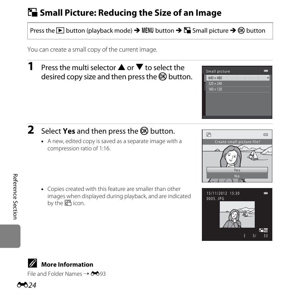 Small picture: reducing the size of an image, G small picture: reducing the size of an image, Select yes and then press the k button | Nikon L610 User Manual | Page 142 / 252