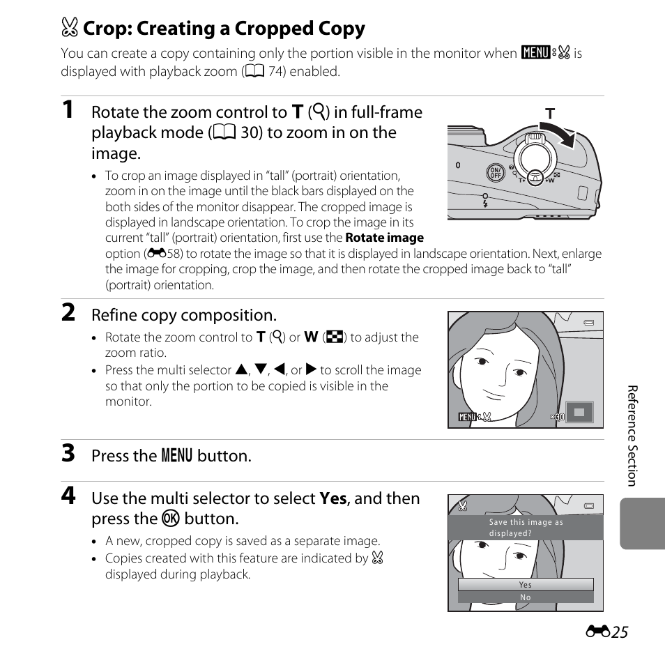 Crop: creating a cropped copy, A crop: creating a cropped copy, E25) | Nikon L610 User Manual | Page 143 / 252