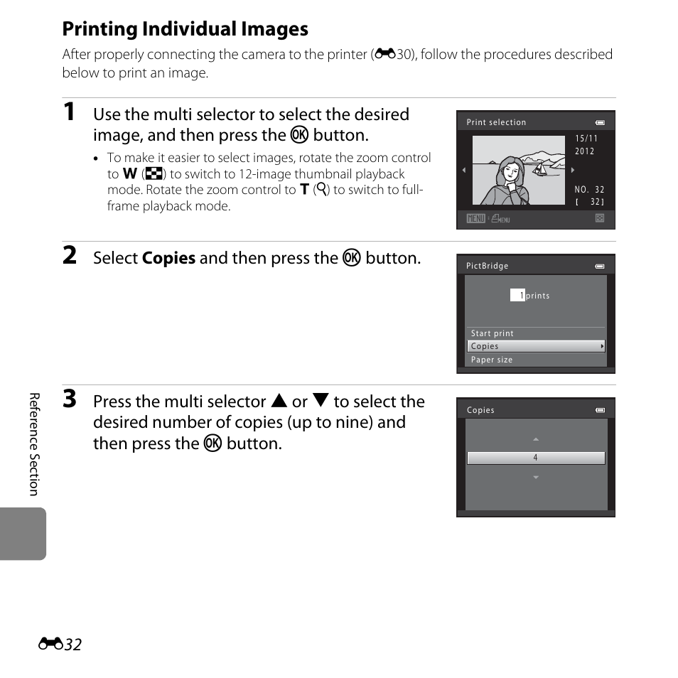 Printing individual images, E32), Select copies and then press the k button | Nikon L610 User Manual | Page 150 / 252