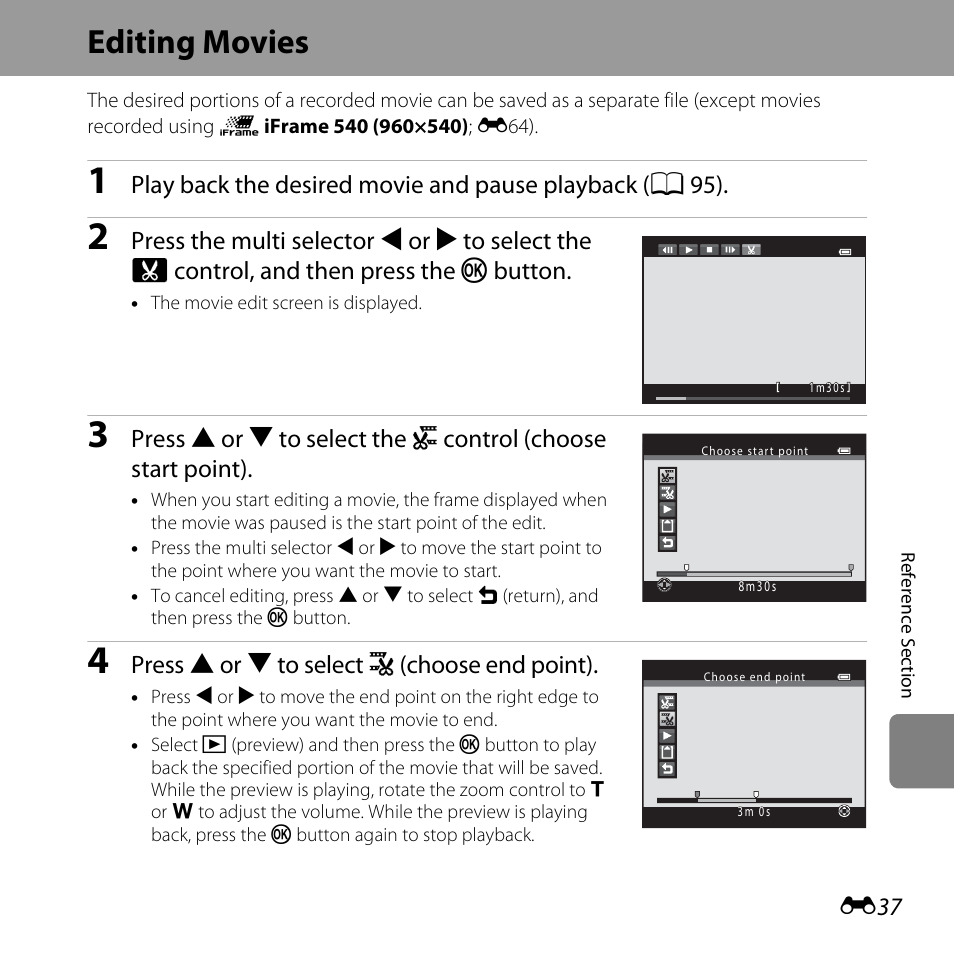 Editing movies, Press h or i to select n (choose end point) | Nikon L610 User Manual | Page 155 / 252
