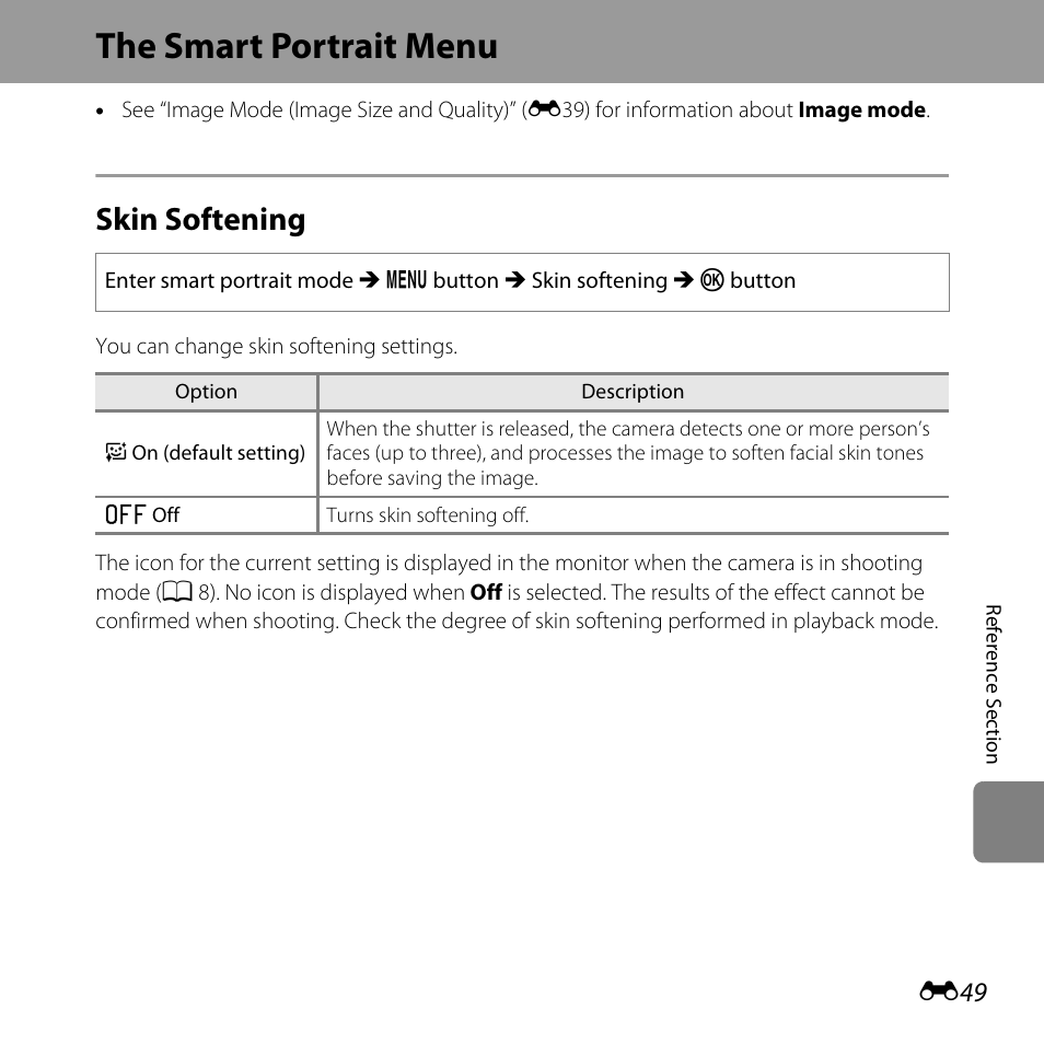 The smart portrait menu, Skin softening, E49) | Nikon L610 User Manual | Page 167 / 252