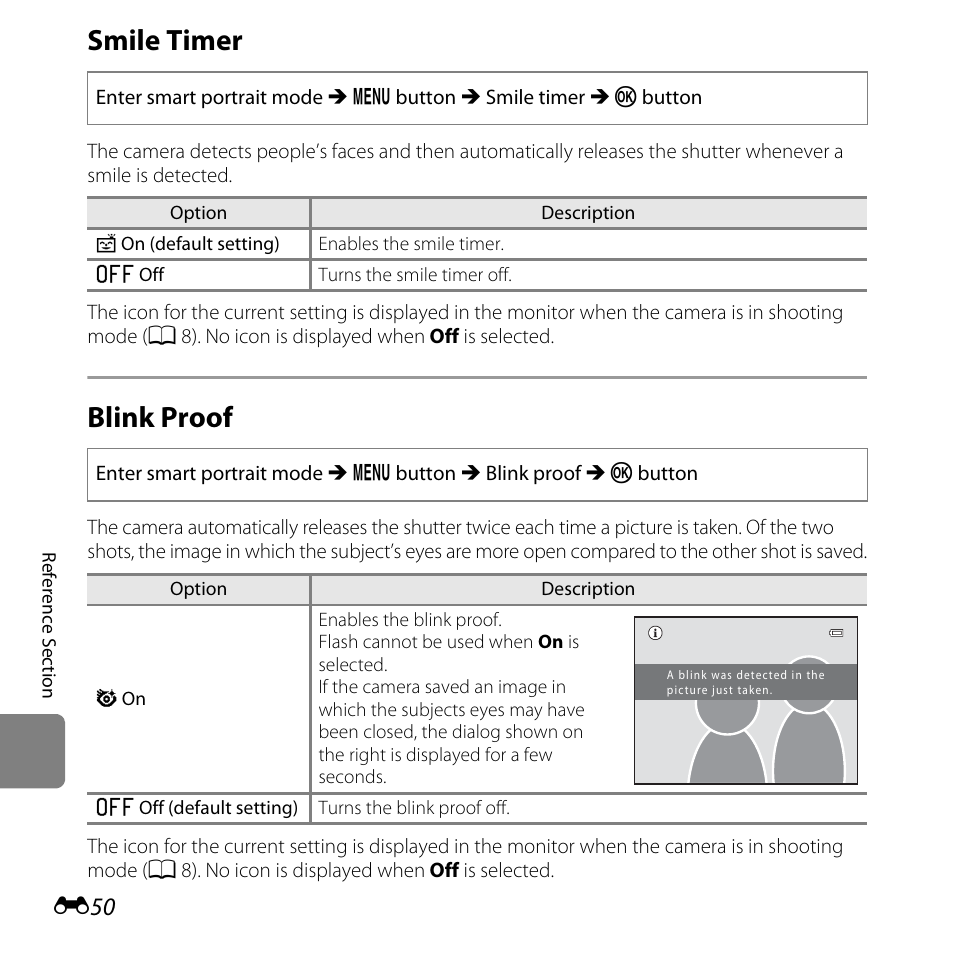 Smile timer, Blink proof, E50) to | Nikon L610 User Manual | Page 168 / 252