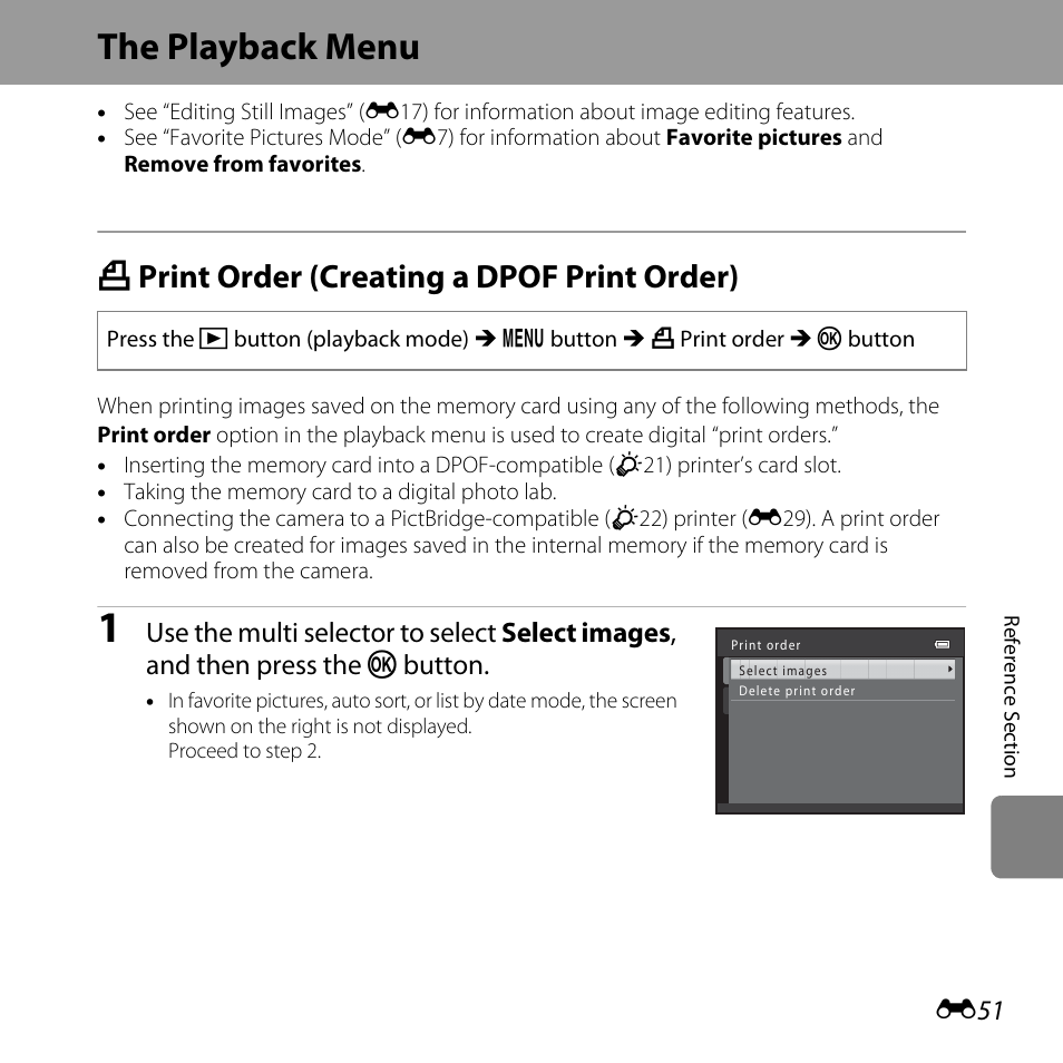 The playback menu, Print order (creating a dpof print order), A print order (creating a dpof print order) | E51) | Nikon L610 User Manual | Page 169 / 252