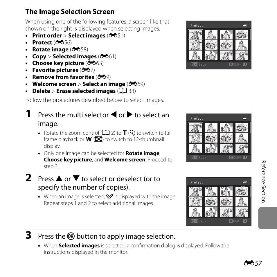 The image selection screen” (e57), The image selection screen, Press the multi selector j or k to select an image | Press the k button to apply image selection | Nikon L610 User Manual | Page 175 / 252