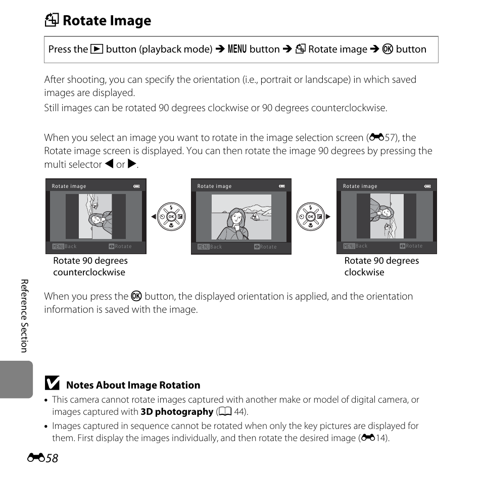 Rotate image, F rotate image, E58) | Nikon L610 User Manual | Page 176 / 252