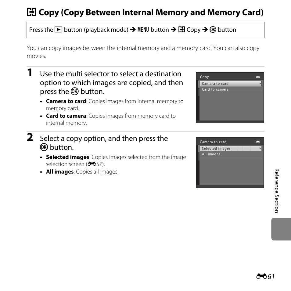 E61), Select a copy option, and then press the k button | Nikon L610 User Manual | Page 179 / 252