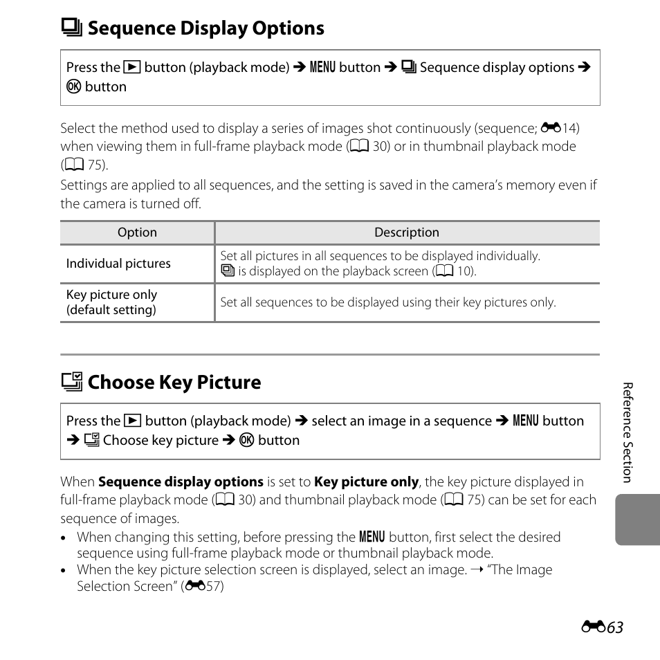 Sequence display options, Choose key picture, C sequence display options | N choose key picture, Menu, E63), E63) in the playbac | Nikon L610 User Manual | Page 181 / 252