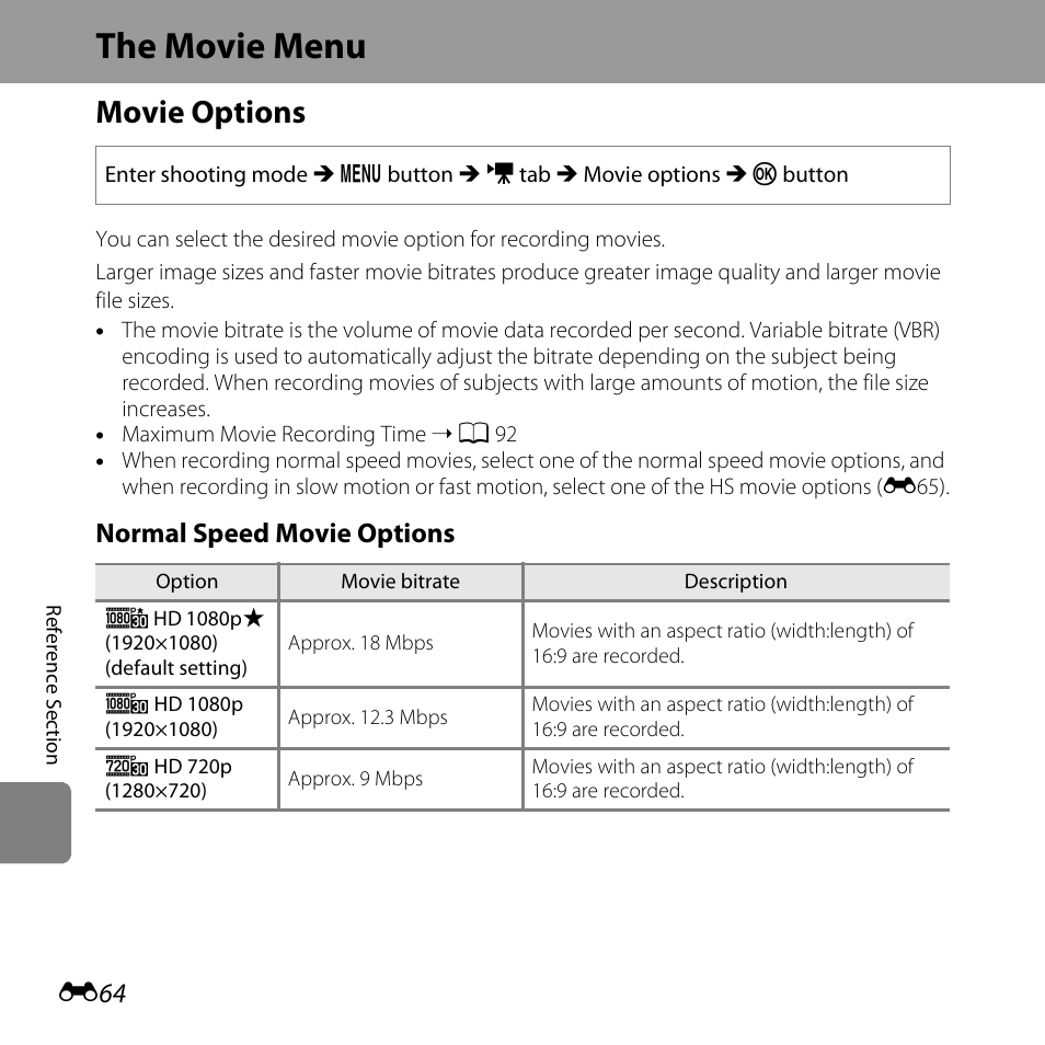 The movie menu, Movie options, Normal speed movie options | Nikon L610 User Manual | Page 182 / 252