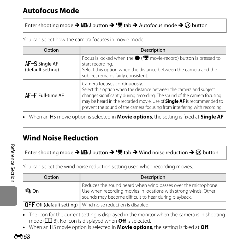 Autofocus mode, Wind noise reduction, E68) | Nikon L610 User Manual | Page 186 / 252