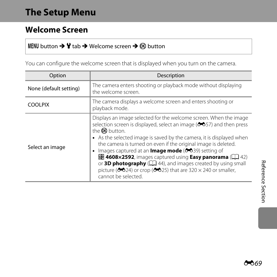 The setup menu, Welcome screen, E69) | Nikon L610 User Manual | Page 187 / 252