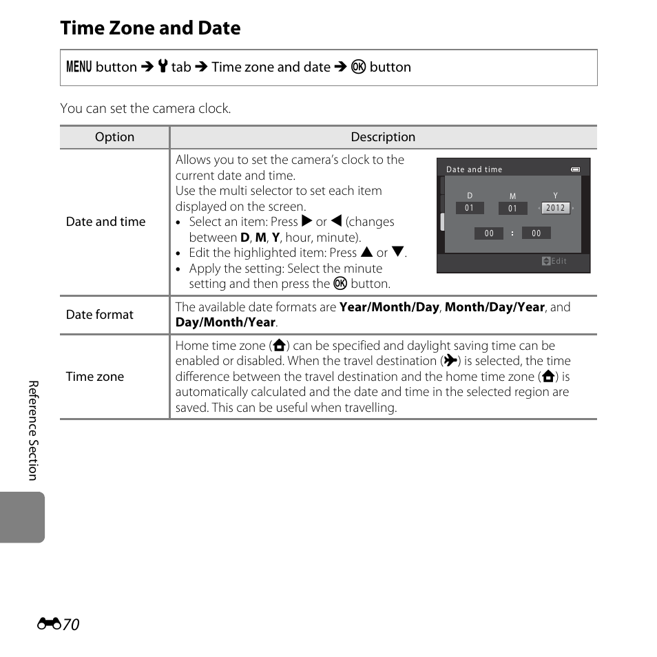 Time zone and date, E70) | Nikon L610 User Manual | Page 188 / 252