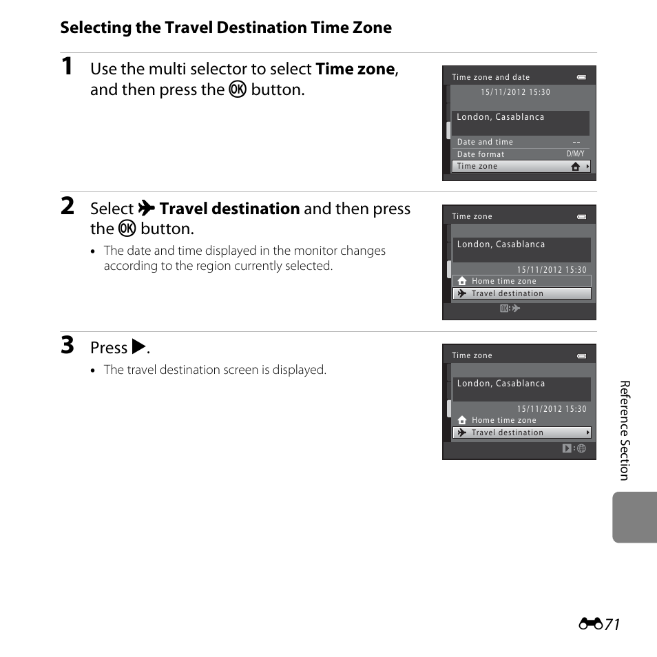 Selecting the travel destination time zone, Press k | Nikon L610 User Manual | Page 189 / 252