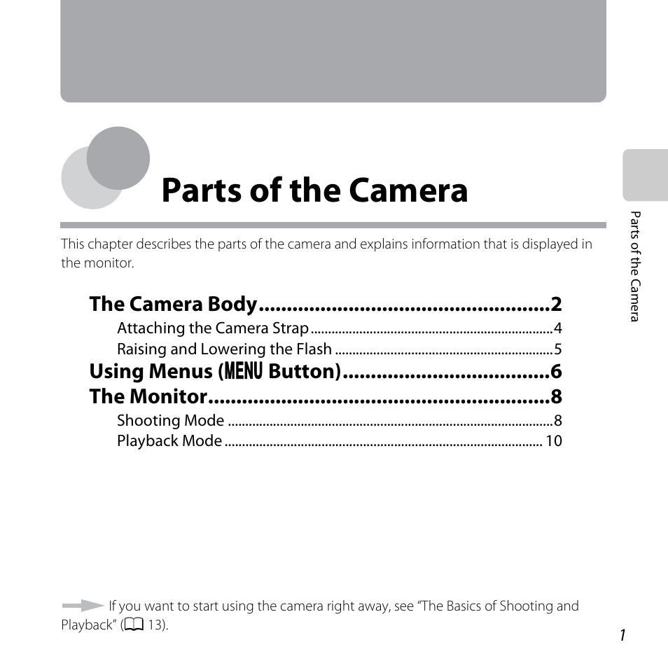 Parts of the camera, A 1), The camera body | Using menus ( d button) the monitor | Nikon L610 User Manual | Page 19 / 252