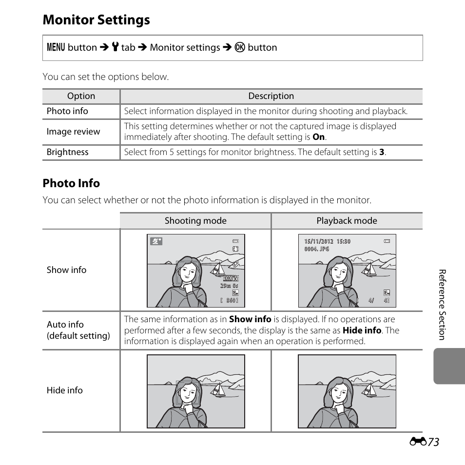 Monitor settings, E73), Photo info | Nikon L610 User Manual | Page 191 / 252