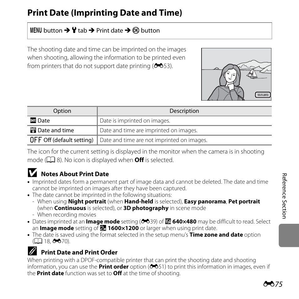 Print date (imprinting date and time), E75) in | Nikon L610 User Manual | Page 193 / 252