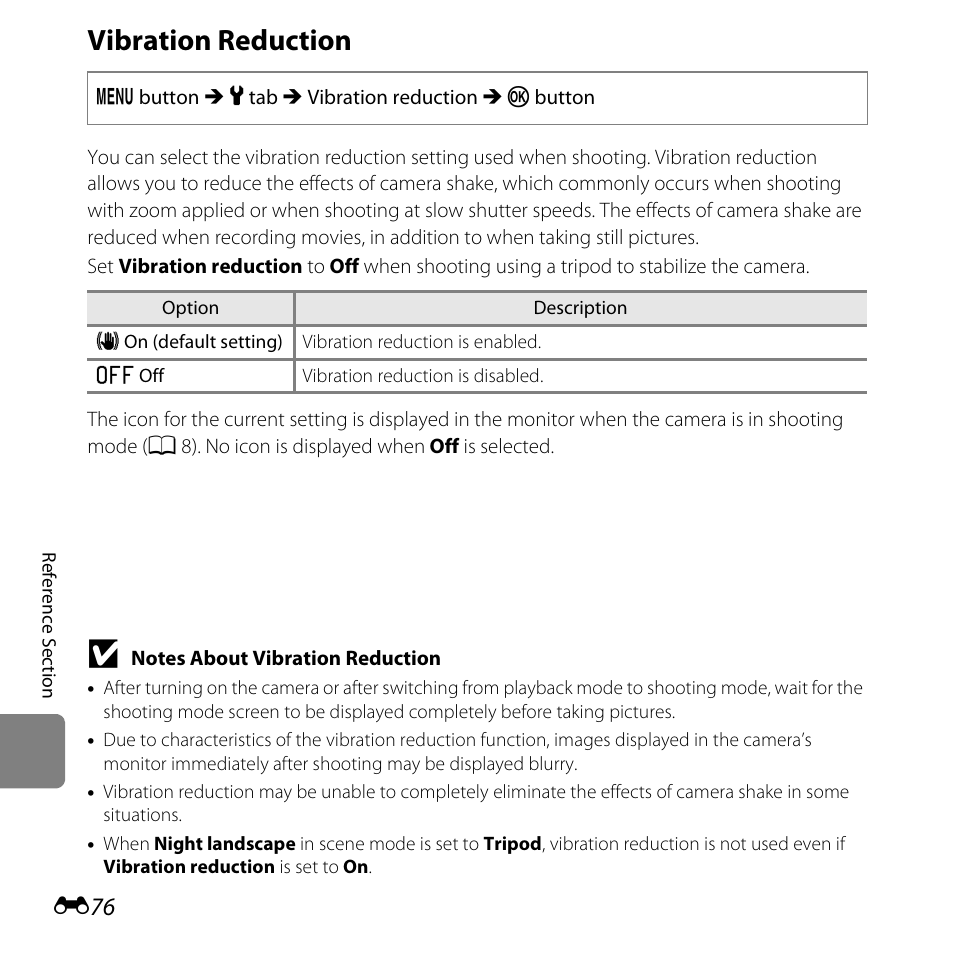 Vibration reduction | Nikon L610 User Manual | Page 194 / 252