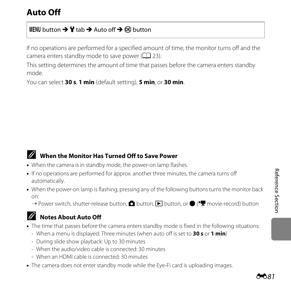 Auto off | Nikon L610 User Manual | Page 199 / 252