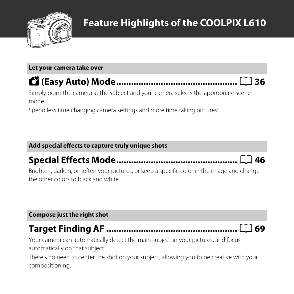 Feature highlights of the coolpix l610 | Nikon L610 User Manual | Page 2 / 252