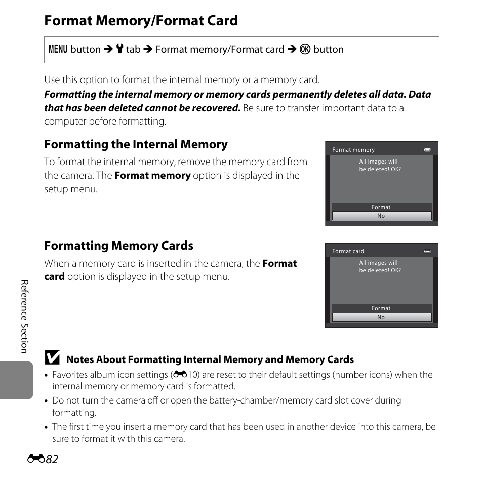 Format memory/format card, E82) in the, E82) | Nikon L610 User Manual | Page 200 / 252