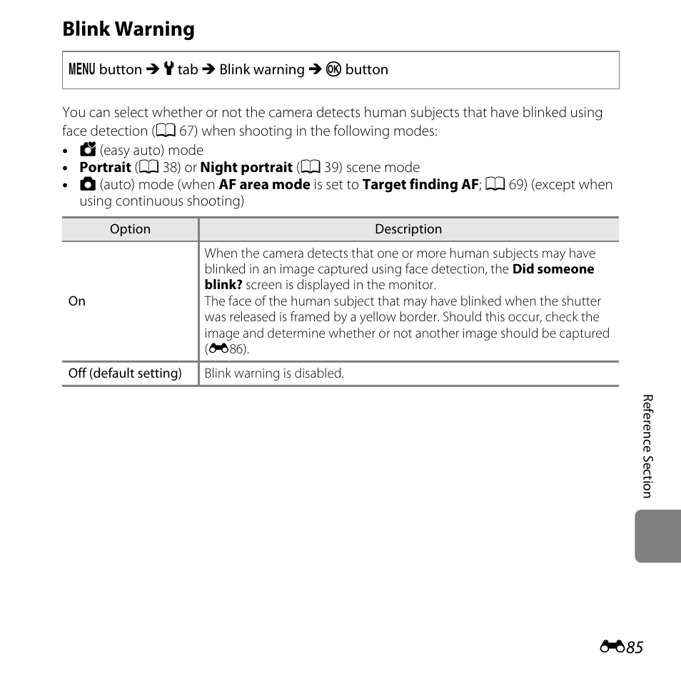 Blink warning | Nikon L610 User Manual | Page 203 / 252