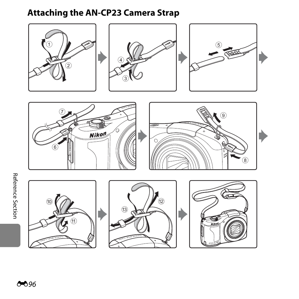 Attaching the an-cp23 camera strap | Nikon L610 User Manual | Page 214 / 252