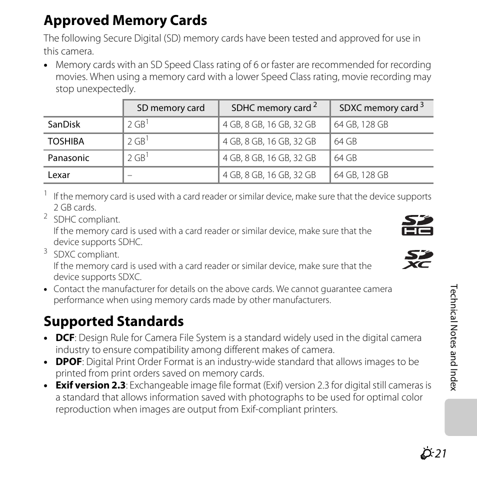 Approved memory cards, Supported standards, F21) printer’s | F21 supported standards | Nikon L610 User Manual | Page 241 / 252