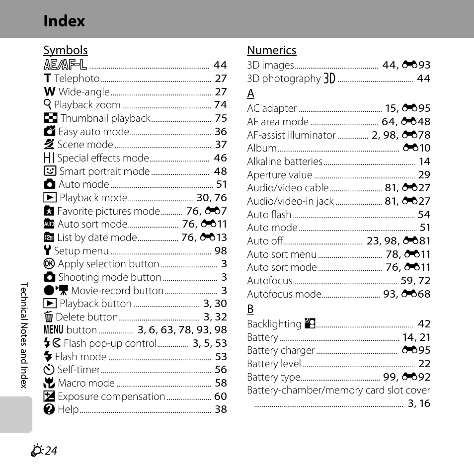 Index, F 24 | Nikon L610 User Manual | Page 244 / 252