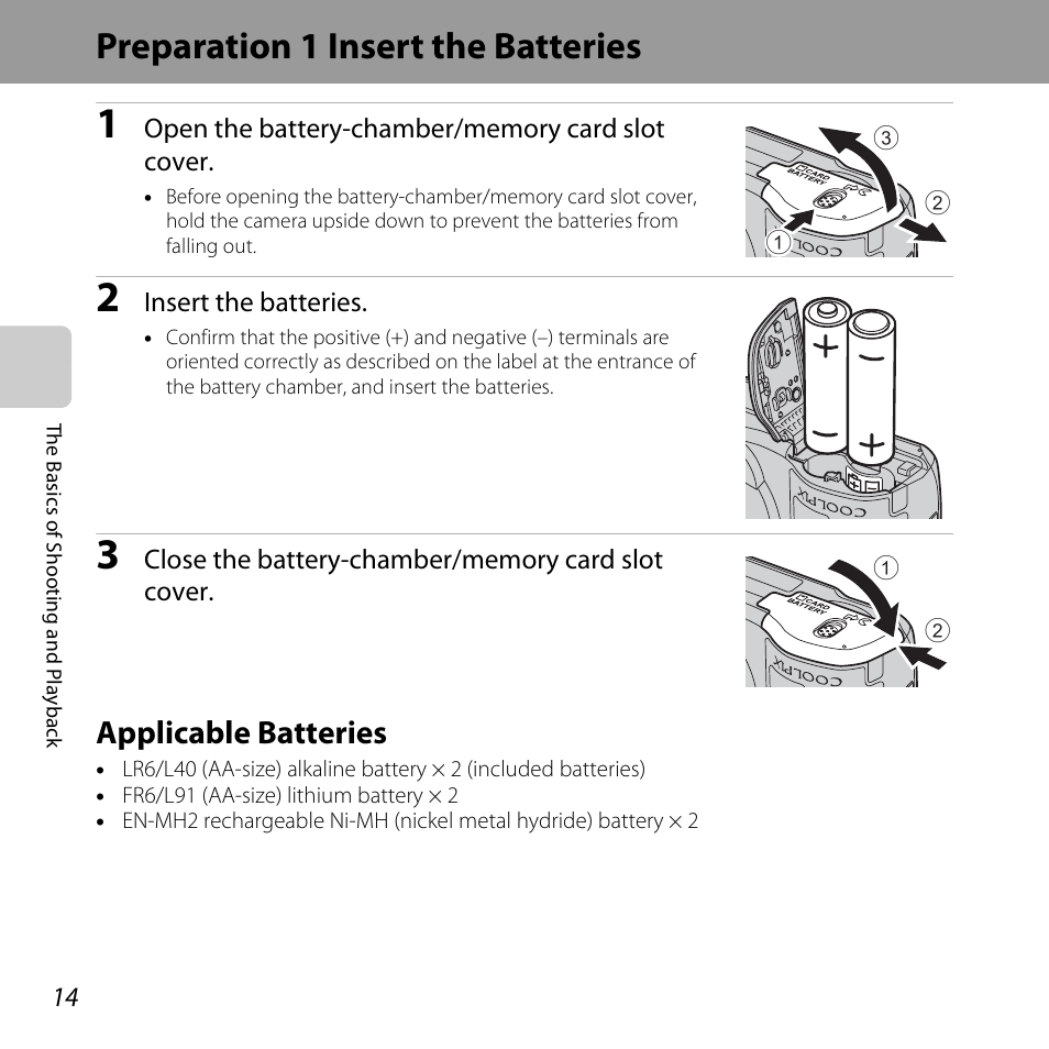 Preparation 1 insert the batteries, Applicable batteries | Nikon L610 User Manual | Page 32 / 252