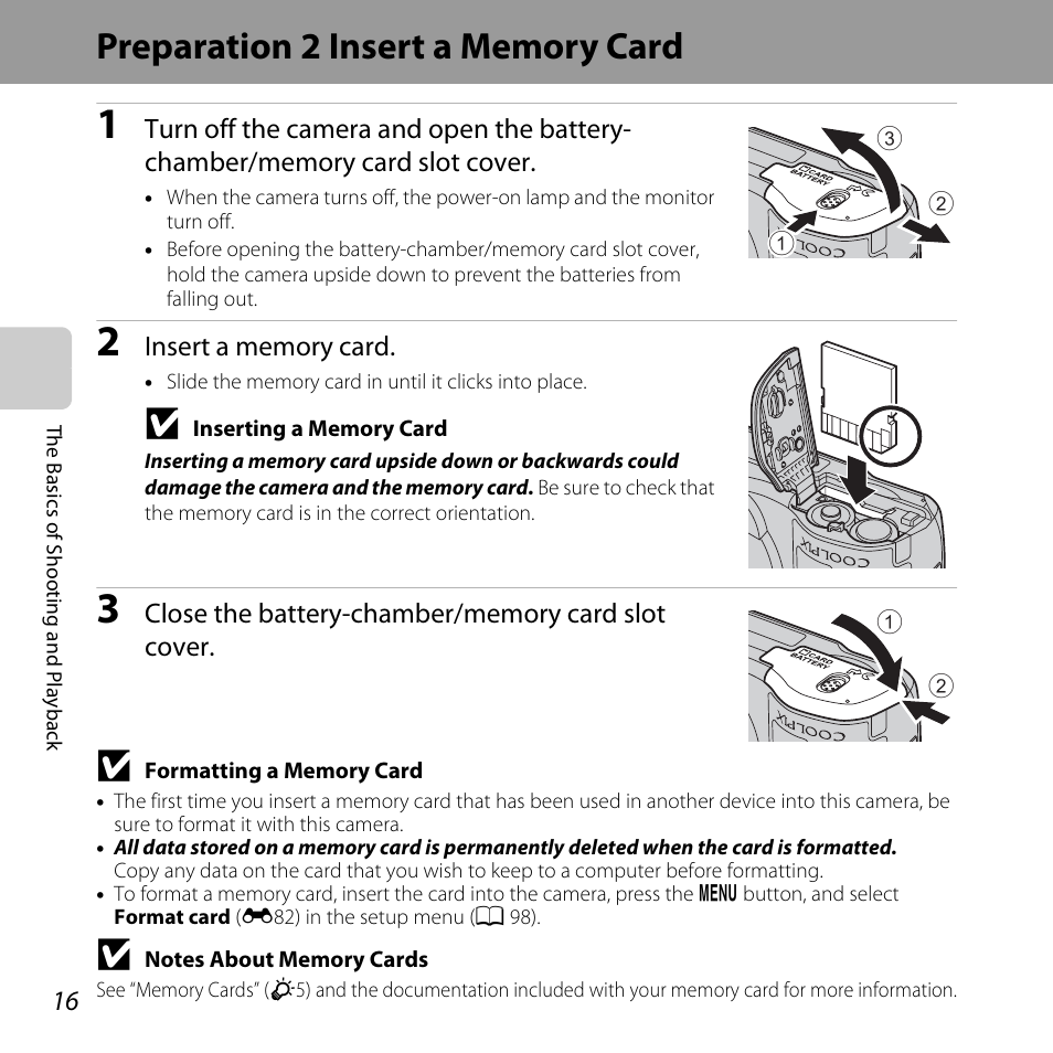Preparation 2 insert a memory card | Nikon L610 User Manual | Page 34 / 252