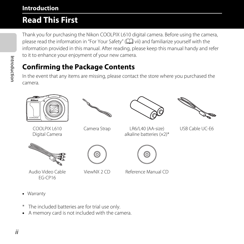 Introduction, Read this first, Confirming the package contents | Nikon L610 User Manual | Page 4 / 252