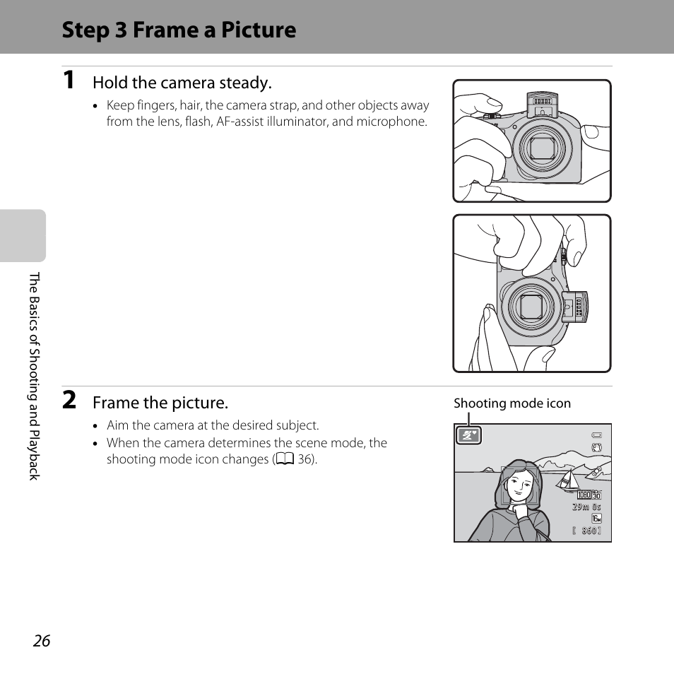 Step 3 frame a picture, Hold the camera steady, Frame the picture | Nikon L610 User Manual | Page 44 / 252