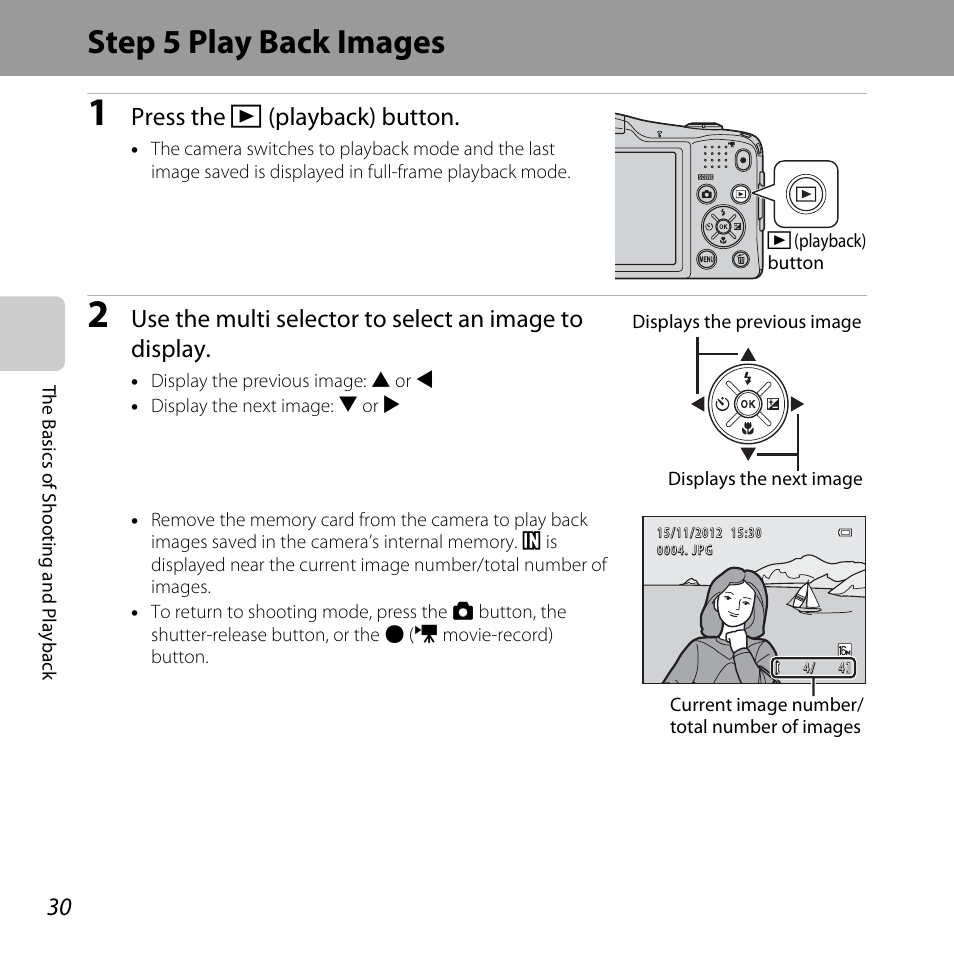 Step 5 play back images, Press the c (playback) button | Nikon L610 User Manual | Page 48 / 252