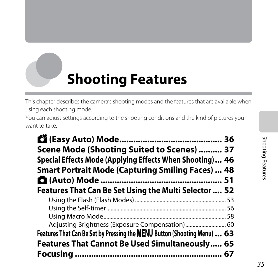 Shooting features | Nikon L610 User Manual | Page 53 / 252