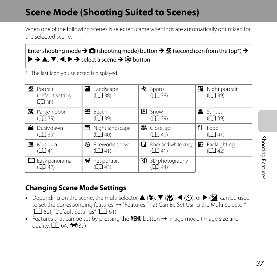 Scene mode (shooting suited to scenes), A 37), A 37 | Changing scene mode settings | Nikon L610 User Manual | Page 55 / 252