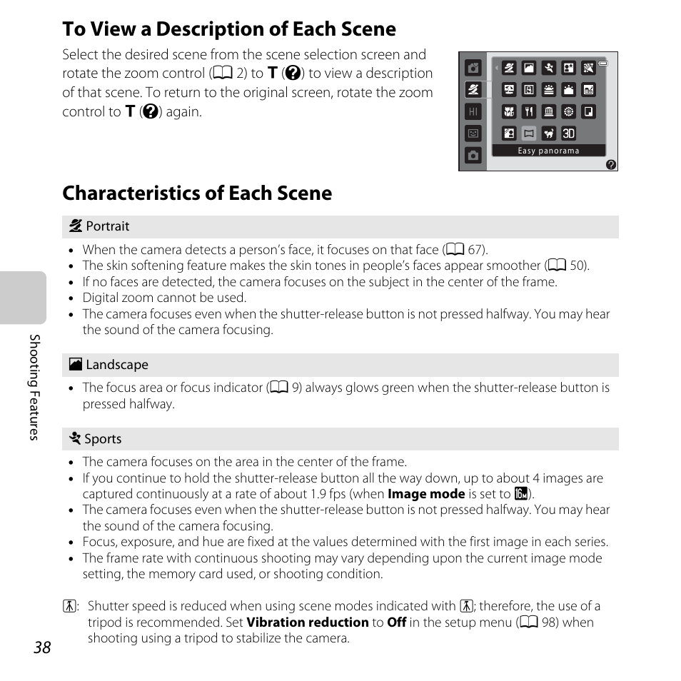 To view a description of each scene, Characteristics of each scene, A 38 | A 38) | Nikon L610 User Manual | Page 56 / 252