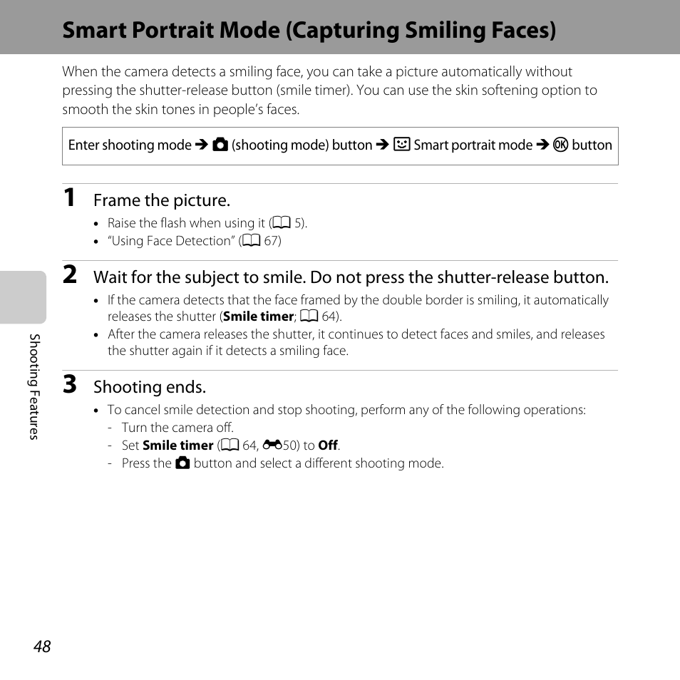 Smart portrait mode (capturing smiling faces), A 48) | Nikon L610 User Manual | Page 66 / 252